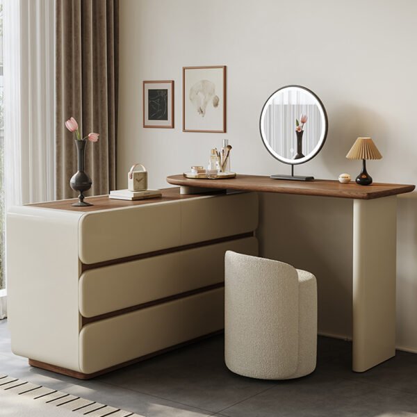 復古實木化妝台六抽款收納櫃(無把手設計)